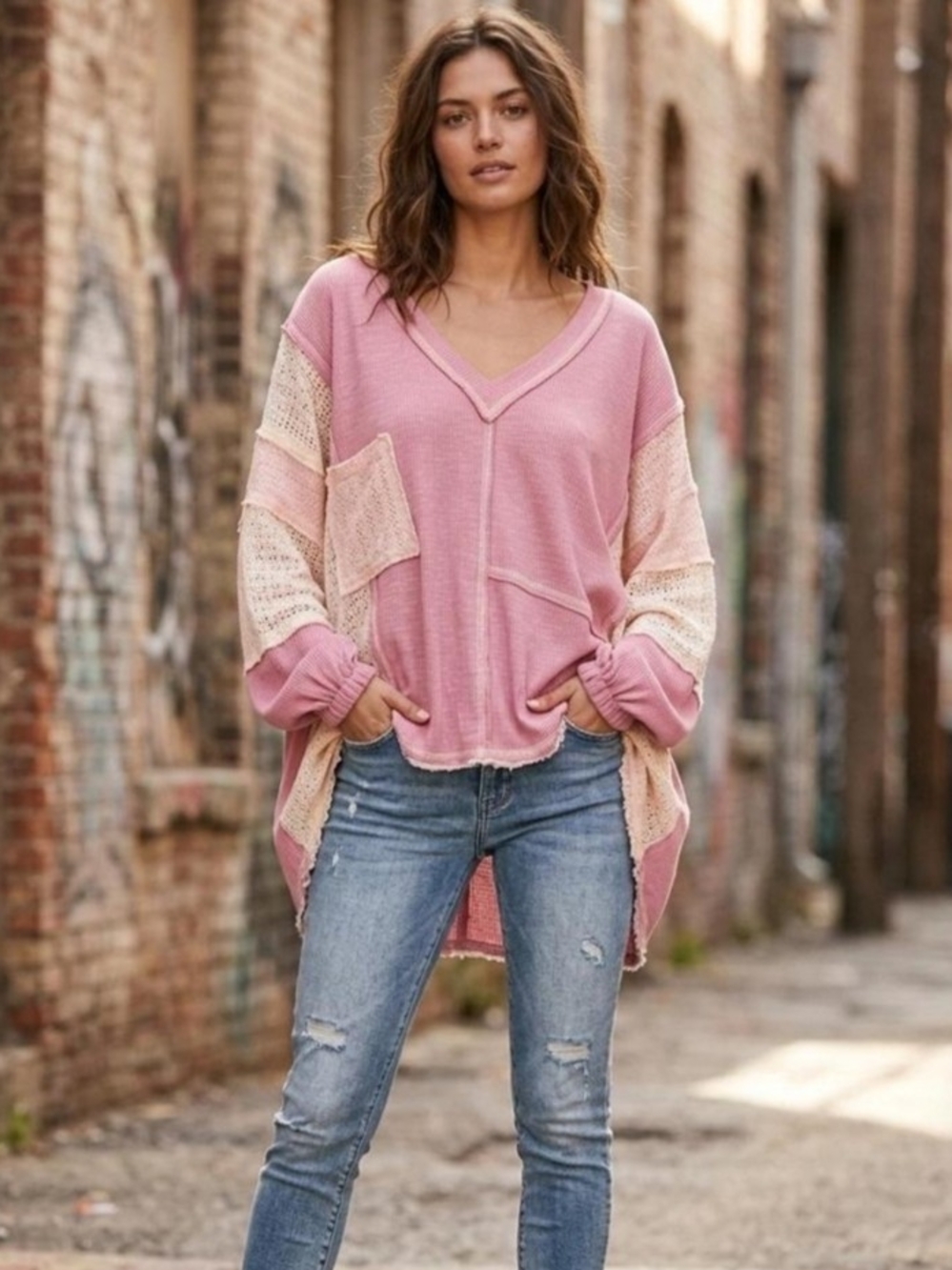 🌼B2G1🌼 POL Pink Patchwork V-Neck Knit Pullover